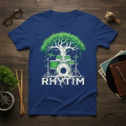 Rhythm text with a tree and drum kit design on a blue t-shirt