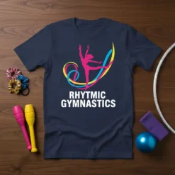 Navy blue t-shirt with "RHYTHMIC GYMNASTICS" text and a pink gymnast silhouette with colorful ribbons