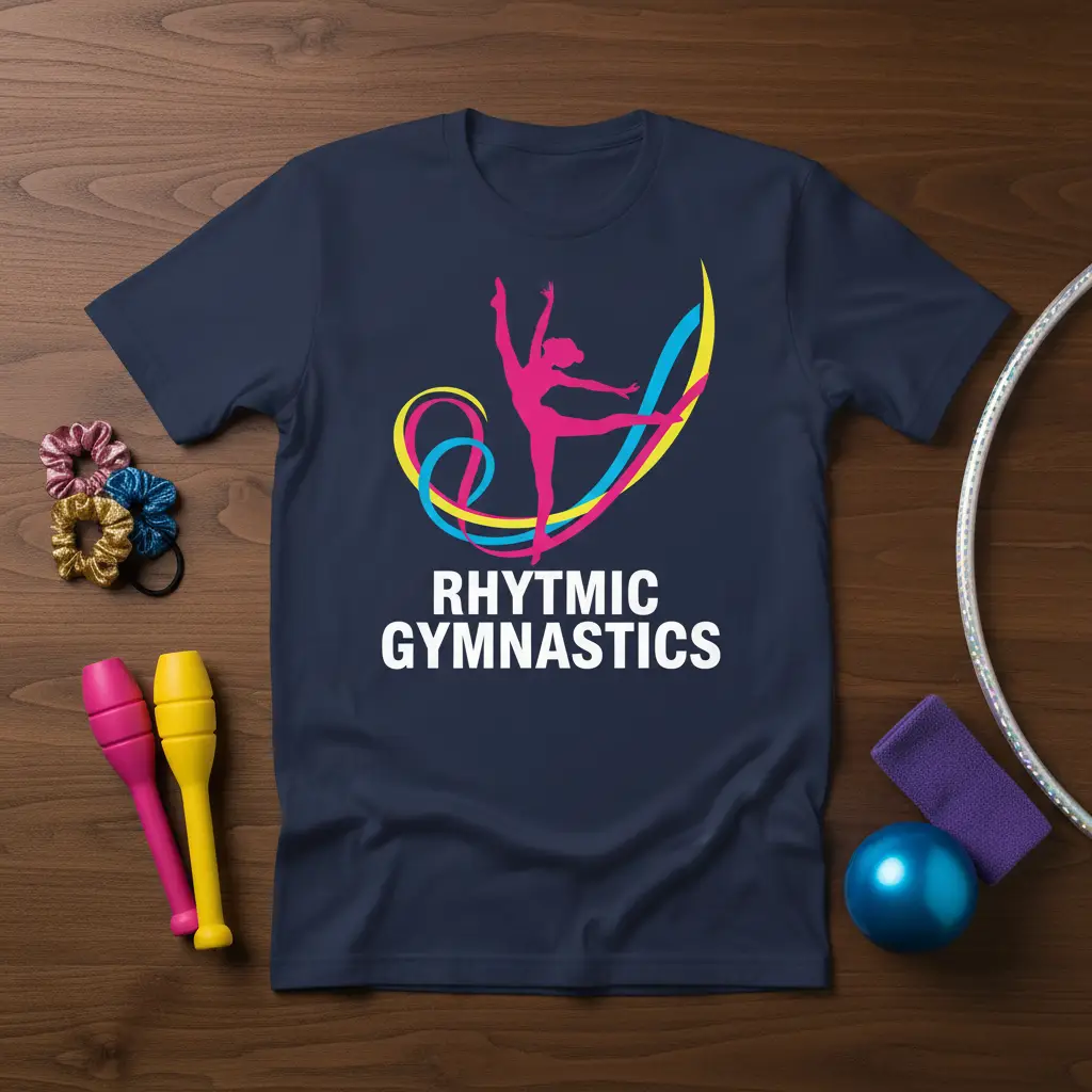 Rhythmic Gymnastics t-shirt design with white text and a pink gymnast silhouette amidst colorful ribbons