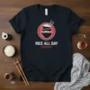 Black t-shirt with "Rice All Day Everyday" text and stacked rice bowls graphic