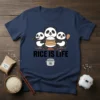 Rice Is Life t-shirt design with three cute pandas holding a bowl of rice and chopsticks, featuring a rice cooker