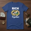 Rich Together t-shirt design with white text, gold gears, upward arrow graph, and money symbols