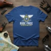 Ride Free Explore Beyond Limits text with a winged bicycle wheel graphic on a blue t-shirt