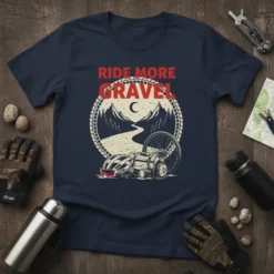 Ride More Gravel t-shirt design featuring a winding road through mountains and cycling gear