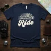 Navy blue t-shirt with white "Ride" text and a stylized motorcycle in motion, featuring the primary keyword Ride Motorcycle T-Shirt