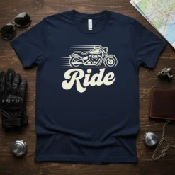 Navy blue t-shirt with white "Ride" text and a stylized motorcycle in motion, featuring the primary keyword Ride Motorcycle T-Shirt