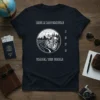 Ride A Motorcycle Travel The World t-shirt design with a vintage motorcycle in a circular emblem, mountains, and the year