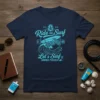 Ride and Surf Let's Surf Summer Paradise t-shirt design with a motorcycle, surfboard, and wave graphic