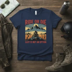 Ride or Die Easy Is Not An Option t-shirt featuring a biker on a motorcycle in a desert landscape with