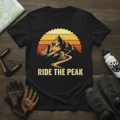 Ride The Peak mountain biking t-shirt with a cyclist on a winding trail against a sunset mountain backdrop