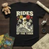 Rides of the Tiger t-shirt design with a teddy bear riding a white tiger, surrounded by smaller tigers and colorful