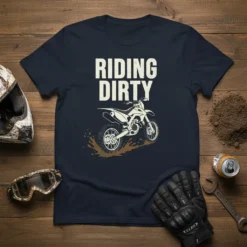 Riding Dirty text with a dirt bike illustration in mud splash on a navy blue t-shirt