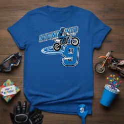 Riding Into 9 dirt bike birthday t-shirt design with a motocross rider and the number 9