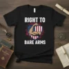 Right to Bare Arms T-Shirt with US flag shield and muscular arm graphic, patriotic theme