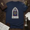 Rigid Catholic T-Shirt with stained glass design featuring IHS symbol and church window graphic