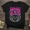 Black t-shirt with "Rinn Ass" text in pink and a detailed drawing of a black cat with glowing eyes