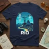 Rio UFO Invasion T-Shirt design showing Christ the Redeemer with three UFOs in the sky above Rio de Janeiro city