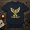 Navy t-shirt featuring a golden phoenix rising from flames with the text "RISE FROM THE ASHES" below