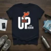Rise Up Start Again T-Shirt with phoenix graphic and motivational text in white and orange on navy blue