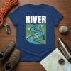 Navy blue t-shirt with "RIVER" text above a graphic of a winding river with a canoe and a pine tree