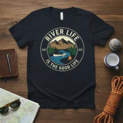 River Life Is The Good Life circular design with canoe, river, mountains, and campfire on a navy blue t-shirt