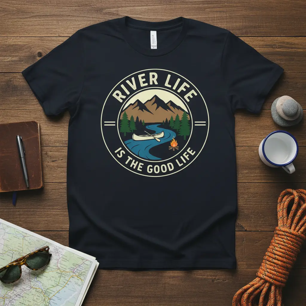 River Life Is The Good Life circular emblem on a navy blue t-shirt, featuring canoe, river, mountains, and campfire scene