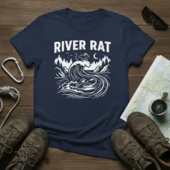 River Rat t-shirt featuring a kayaker navigating a large wave, with a rat on top, surrounded by mountains and trees
