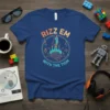Blue t-shirt with "RIZZ EM WITH THE TISM" text, rocket, brain, and podcast icons