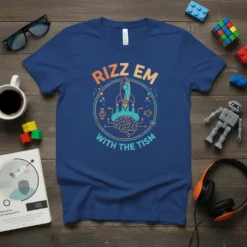 Blue t-shirt with "RIZZ EM WITH THE TISM" text, rocket, brain, and podcast icons