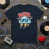 Rizz. text above a cartoon cloud wearing sunglasses with lightning bolts, on a navy t-shirt