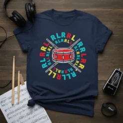 RLRRRL Drum Beat T-Shirt featuring a red drum and crossed drumsticks with colorful RLRRRL text pattern