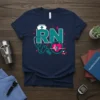 RN Nurse Life T-Shirt design featuring large turquoise "RN" letters, a nurse's cap, stethoscope, heart monitor, and medical symbols