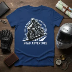 Road Adventure text with a dynamic graphic of a sportbike rider on a t-shirt