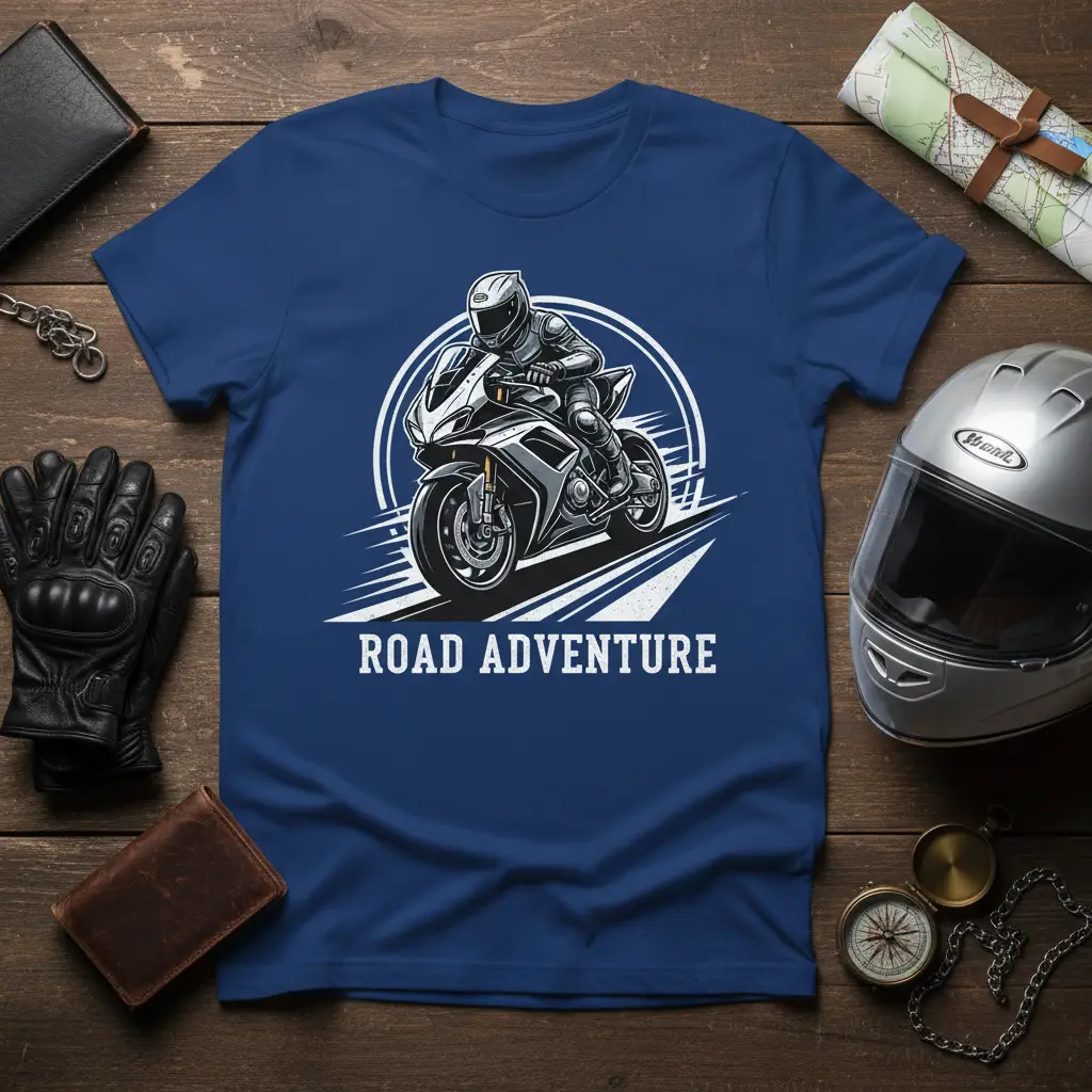 Dynamic ROAD ADVENTURE text with a sportbike rider graphic on a blue t-shirt