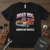 Road Hog American Muscle t-shirt design with a flaming classic car graphic and bold text