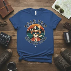 Road Trip Mountain Bound t-shirt design featuring a dog wearing sunglasses with mountains and sunset in the background