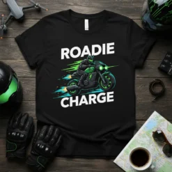 Black t-shirt with "ROADIE CHARGE" text and a graphic of a green motorcycle rider in motion