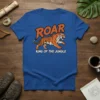 Roar King of the Jungle t-shirt design with a running tiger graphic and bold text