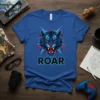 Blue tiger graphic with the word ROAR in bold letters on a royal blue t-shirt