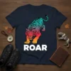 ROAR graphic t-shirt featuring a colorful tiger with gradient stripes and intense eyes