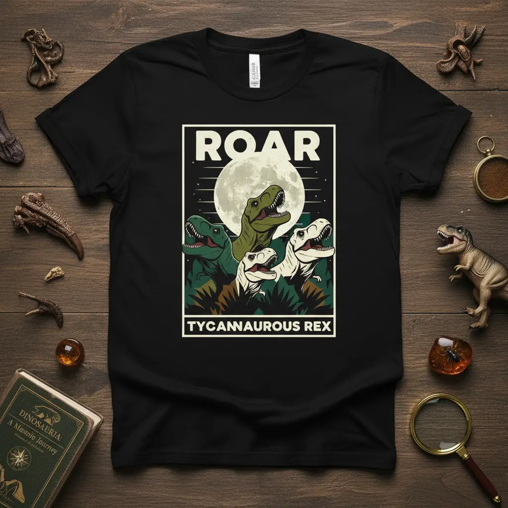 ROAR TYCANNAUROUS REX graphic t-shirt featuring roaring T-Rex dinosaurs under a full moon