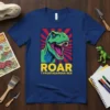 ROAR TYROSTASAROUS REX t-shirt design featuring a green T-Rex head with mouth open and bold yellow text