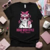 Roar With Style Pink Power text and a sassy tiger graphic wearing sunglasses and a bandana, holding a milkshake