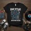 Black t-shirt with "Roar With Us Join The Noise Pollution" text and a monstrous alien singer with a microphone and