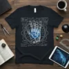 Robotic hand blueprint t-shirt design with detailed schematics and mathematical formulas in white on black fabric