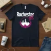 Rochester girl t-shirt with white text and pink laurel wreath around a white city skyline graphic