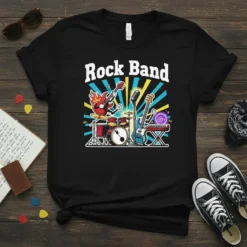 Rock Band T-Shirt design featuring animated musical instruments like a guitar, drums, microphone, and keyboard