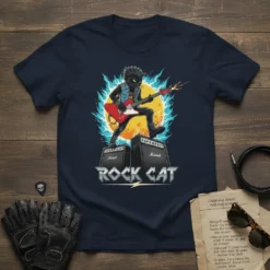 ROCK CAT text graphic with a black cat playing a red electric guitar, standing on amplifiers, with a yellow sun
