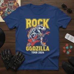 ROCK GODZILLA TOUR 2024 text with a skeleton Godzilla playing a red electric guitar surrounded by flames