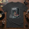Rock Guitar Groundhog T-Shirt featuring a cartoon groundhog playing guitar next to a speaker with the word ROCK